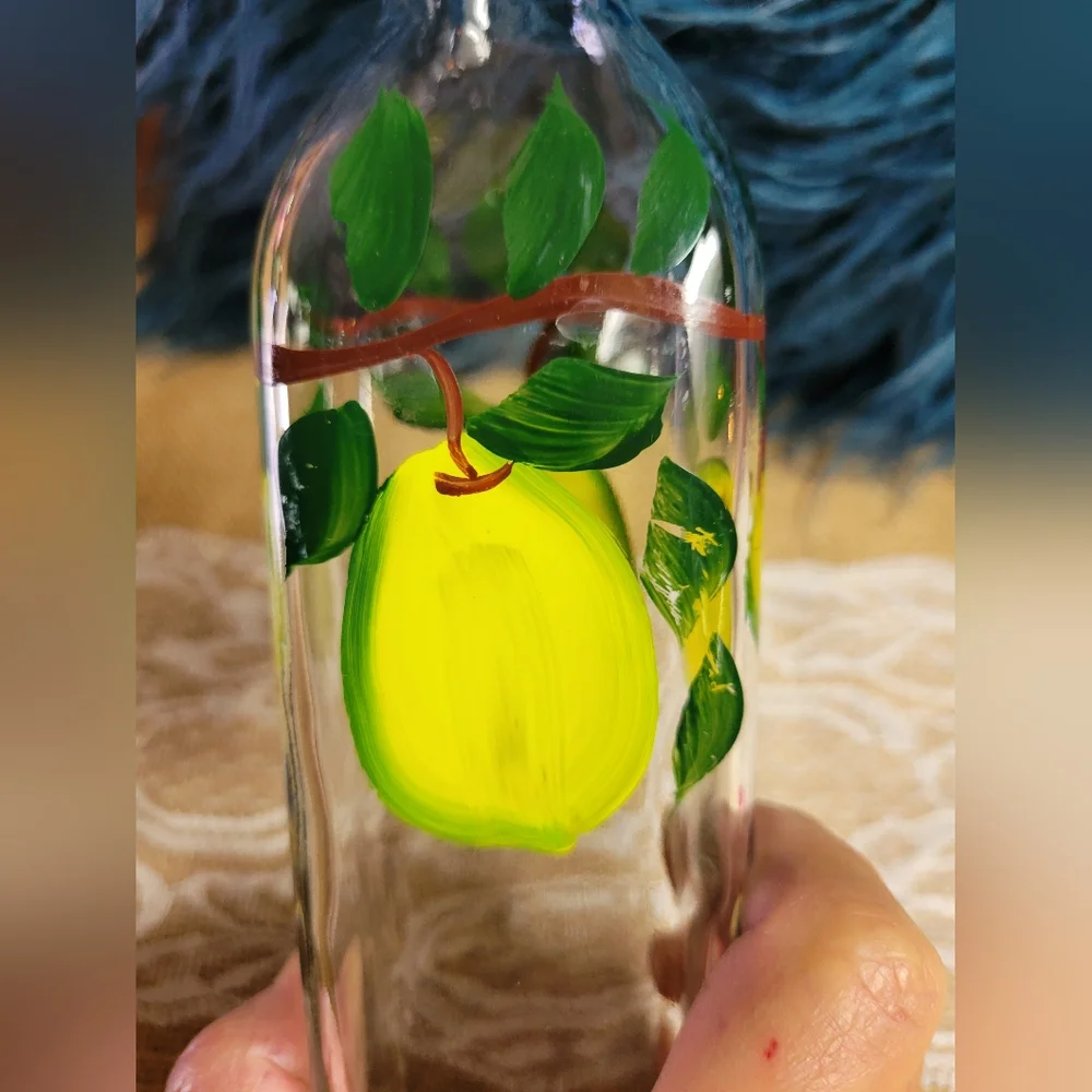 Vintage glass hand painted oil bottle great condition no chips no spout